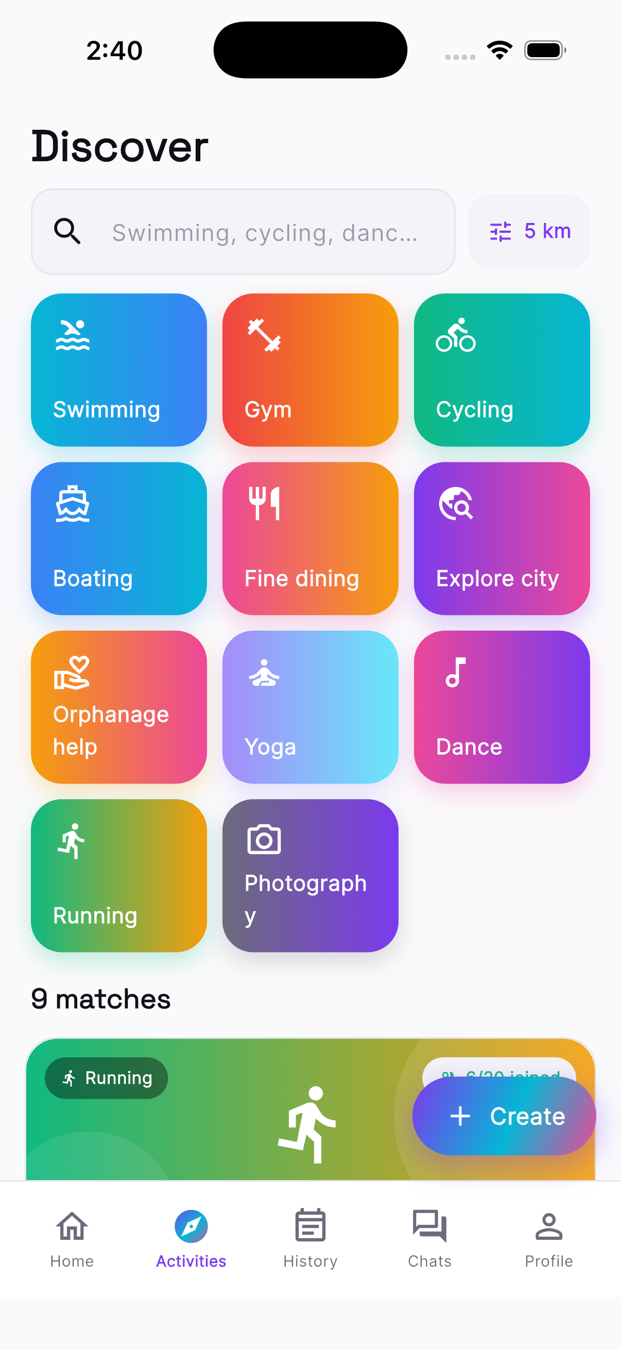 Joyn activities tab with category tiles